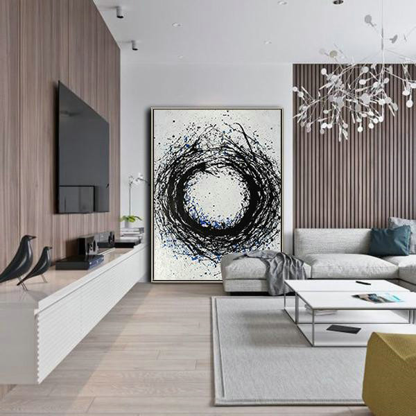 Handmade Large Painting,Hand-Painted Black And White Minimal Painting On Canvas,Hand Paint Abstract Painting #D8C4